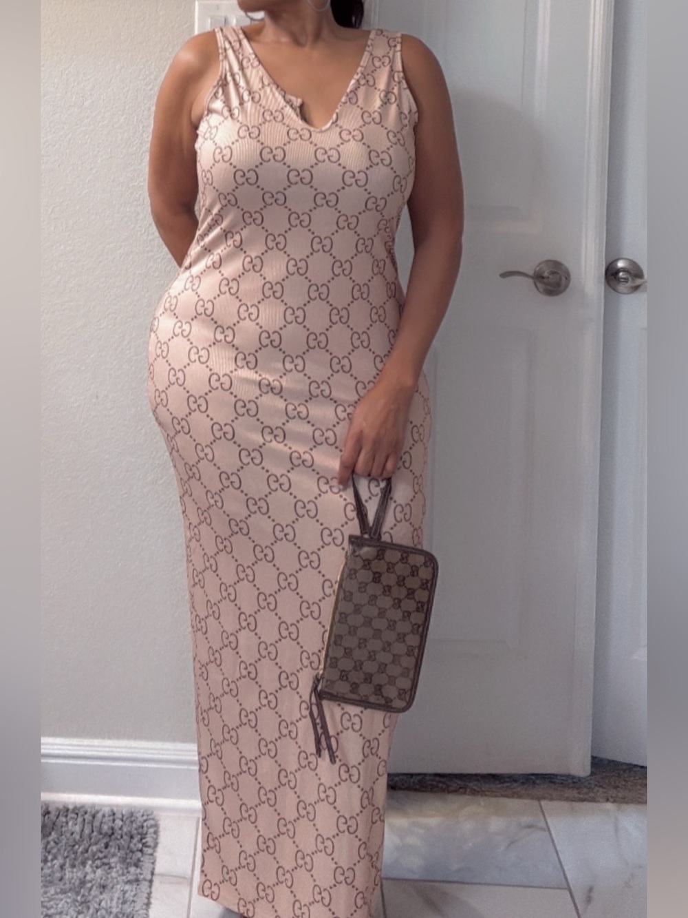 Gucci Beige Logo-Print Sleeveless Maxi Dress